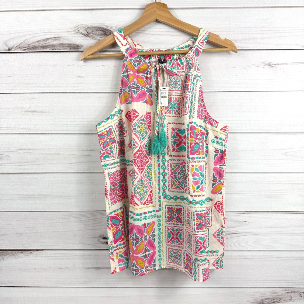 Talbots Tie Front Halter Top Painterly Tiles NWT Womens Large